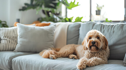 Family living room with a fluffy dog lying contentedly on a sectional sofa, the center of attention in a cozy, family-friendly setting.