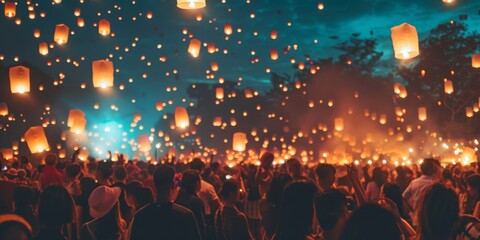 Enchanting lantern festival: Crowded event with floating lights at night