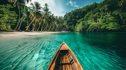 Canoe on the water off a tropical sandy beach  - obrazy, fototapety, plakaty