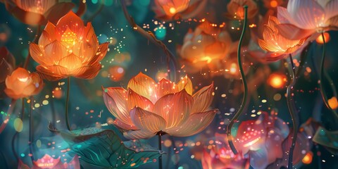 Enchanting twilight lotus pond: magical, glowing flowers at dusk