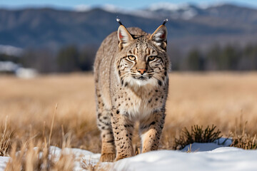 Obraz premium bobcat standing in snow covered meadow