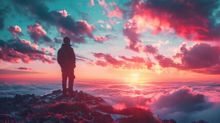 Obraz premium A man standing on a mountaintop watching a beautiful sunset. The sky is a vibrant mix of oranges, pinks, and purples. The clouds are fluffy and look like cotton candy.