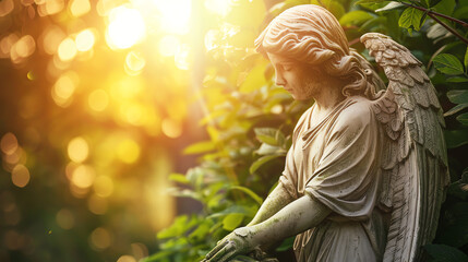Naklejka premium Guardian angel sculpture in a serene garden, symbolizing watchfulness and spiritual protection, set against a backdrop of green foliage and soft sunlight.