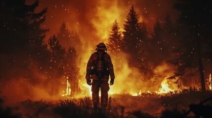 A solitary firefighter faces an intense wildfire, with the night sky illuminated by the fierce blaze in a forest. - obrazy, fototapety, plakaty
