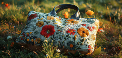 A whimsical floral-printed tote bag, lying gracefully on a grassy meadow, adding a cheerful vibe to any springtime outing