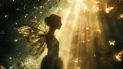 A beautiful fairy with golden wings stands in a sunlit forest, surrounded by butterflies and flowers. - obrazy, fototapety, plakaty