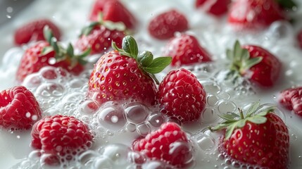 Fresh strawberries and raspberries soaking in sparkling water
