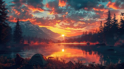 A beautiful lakeside landscape with a large tent under a setting sun - obrazy, fototapety, plakaty