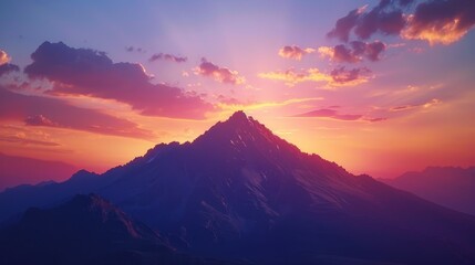 A beautiful landscape image of a mountain range at sunset. The sky is a gradient of purple, pink, and yellow, and the mountains are a deep purple.