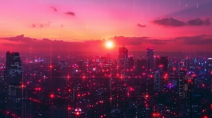 Fototapeta premium A beautiful sunset over a city. The sky is a gradient of pink, orange, and yellow. The sun is setting behind the buildings. The city is full of skyscrapers and lights.