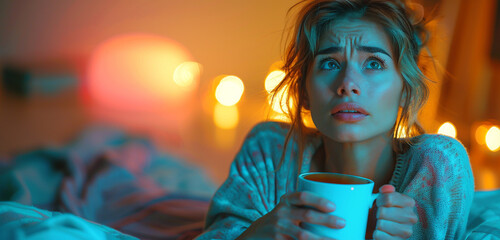  A worried woman clutching a mug of tea, her gaze fixed on something unseen