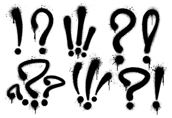 question and exclamation mark black graffiti spray paint pattern. Spray set elements interrogation FAQ icon drips texture wall street art. Isolated background decoration vector illustration 