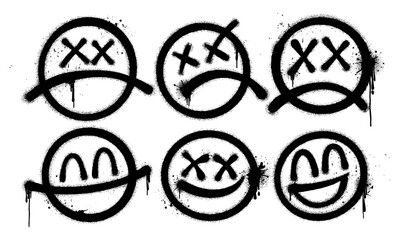 Face happy and sad face black graffiti spray paint pattern. Spray set elements face logo graffiti icon drips texture wall street art. Isolated background banner art decoration vector illustration
