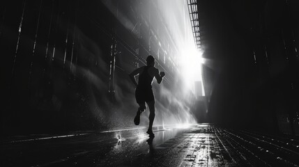 A black and white photo of a man running in the rain.