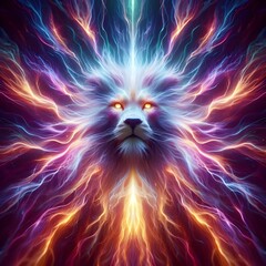 A striking and vibrant display of electrical plasma that coalesces into an awe-inspiring, otherworldly strong lion. The lion's ethereal form emanates a mesmerizing energy that captivates the viewer