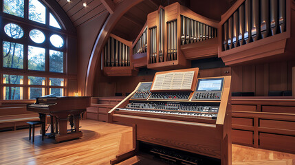 Innovative hybrid organ featuring both traditional pipes and digital enhancements, set in an academic setting for music technology research.