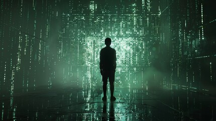 A boy standing in a room with a green digital rain falling down.