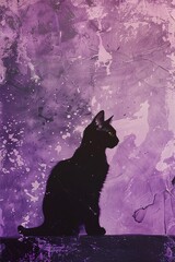 A cut out college art of a slacker kitty object against an abstract background of Purple, Lilac, Petunia, and Aubergine Gleam colors.