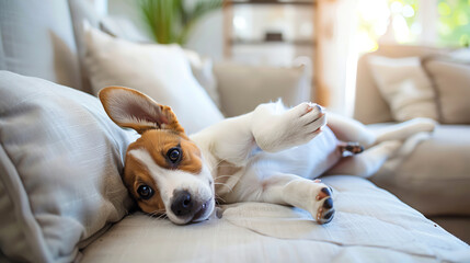 Lively puppy playfully tumbling over the cushions of a large, inviting sofa in a well-lit living room, capturing a moment of joyful relaxation.