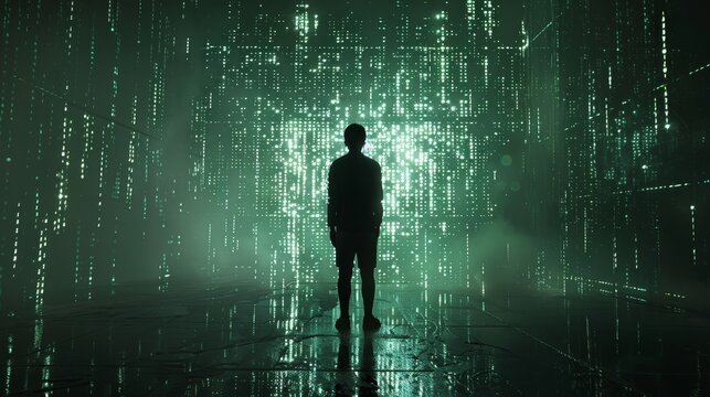 A boy standing in a room with a green digital rain falling down.