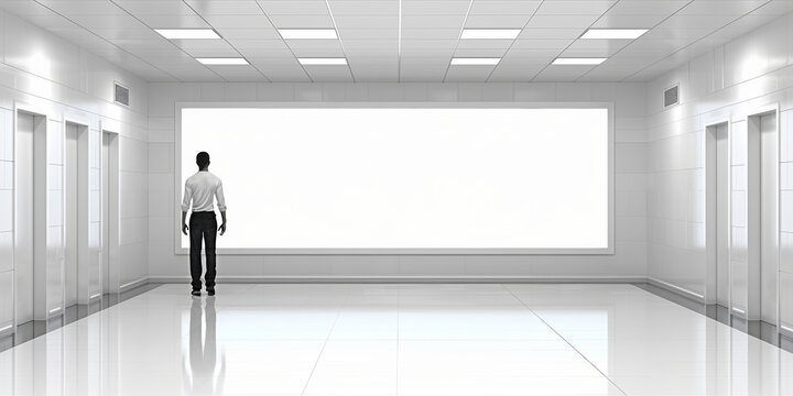 A man stands in a large, empty room with white walls and white floors
