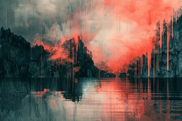 Abstract digital art with boutique charm, living coral, storm gray, and forest biome hues. Dramatic negative space and minimalism capture tragedy in suspended animation. - obrazy, fototapety, plakaty