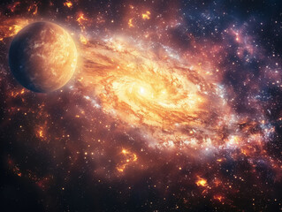 Obraz na płótnie Canvas A planet and a spiral galaxy are shown in a bright orange