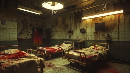 Abandoned hospital room with bloodstained beds and flickering overhead light