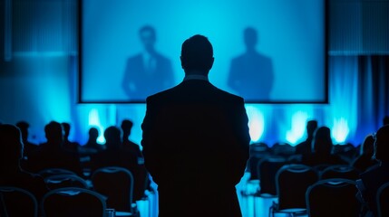 A businessman standing in front of a large screen giving a presentation.