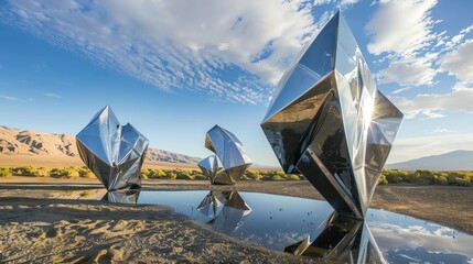 Abstract metal sculptures in a surreal landscape, reflective and odd