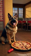 german shepherd dog in the pizza shop 