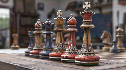 Chess pieces as hobby tools in a grand war strategy game, detailed, realistic artwork - obrazy, fototapety, plakaty