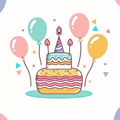 illustration of a birthday cake with candles balloons and a party
