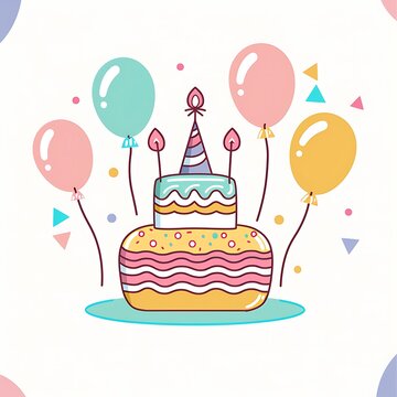 illustration of a birthday cake with candles balloons and a party