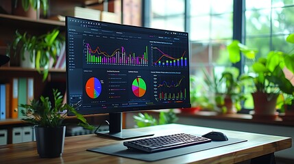Create a high-resolution image of a PC monitor in an educational analyst's office, displaying vibrant charts and graphs of student test scores across various subjects.