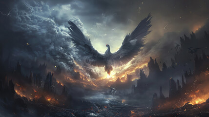 Dark, nightmarish phoenix rising from ashes in a hellish scene - obrazy, fototapety, plakaty