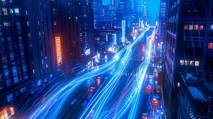 cityscape with light trails from traffic, creating a sense of motion along the streets between high-rise buildings