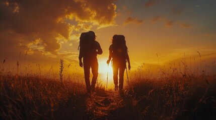 A couple is hiking up a hill at sunset. - obrazy, fototapety, plakaty