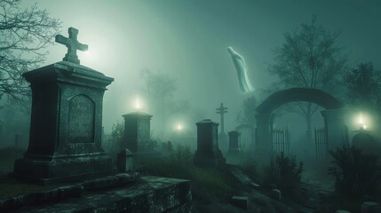 Foggy graveyard with eerie glowing tombstones and a ghostly apparition floating