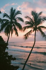 A beautiful sunset over the ocean with two palm trees in the foreground