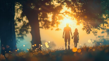 A couple is walking in the woods, holding hands. The sun is setting, and the sky is a warm, golden orange.