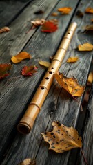 Vertical AI illustration wooden soprano recorder on weathered planks with autumn leaves. Hobbies.