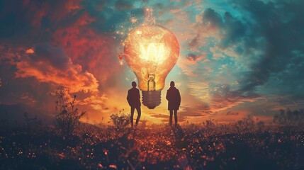 A couple standing in a field of flowers looking at a giant light bulb in the sky. - obrazy, fototapety, plakaty