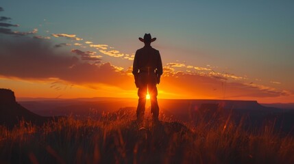 Fototapeta premium A cowboy standing on a hilltop at sunset.