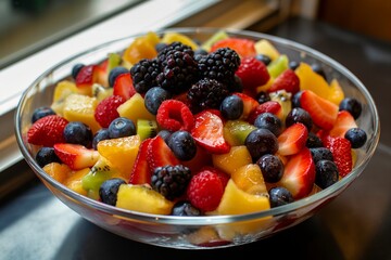Fresh fruit salad, healthy salad fruits closeup, salad background, fruits salad background
