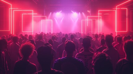 A crowd of people at a rave party with pink lights.
