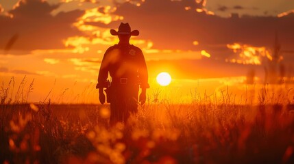 A cowboy walks through a field of wheat at sunset. - obrazy, fototapety, plakaty