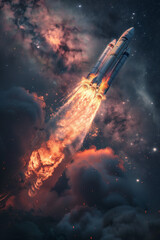 Powerful launch of a sleek rocket ship against a backdrop of a deep, star-studded cosmos. Flames engulf the base of the spacecraft as it propels upward