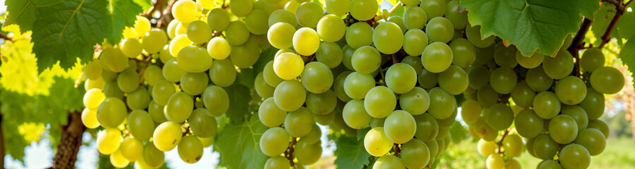 A bunch of ripe green grapes growing on a bush in the rows of a vineyard on a sunny day. Close up
