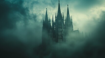 A dark and mysterious cathedral shrouded in fog - obrazy, fototapety, plakaty